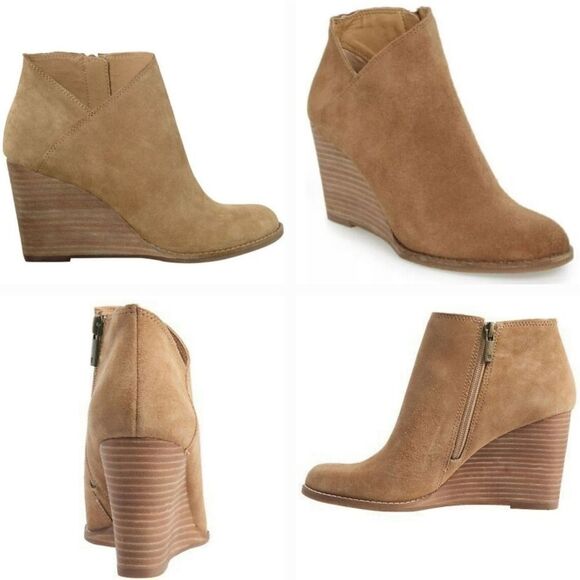 Lucky Brand Shoes Tan Leather Yakeena Side Zip Wedge Booties Shoes Size 8.5 / 39 - Picture 1 of 11